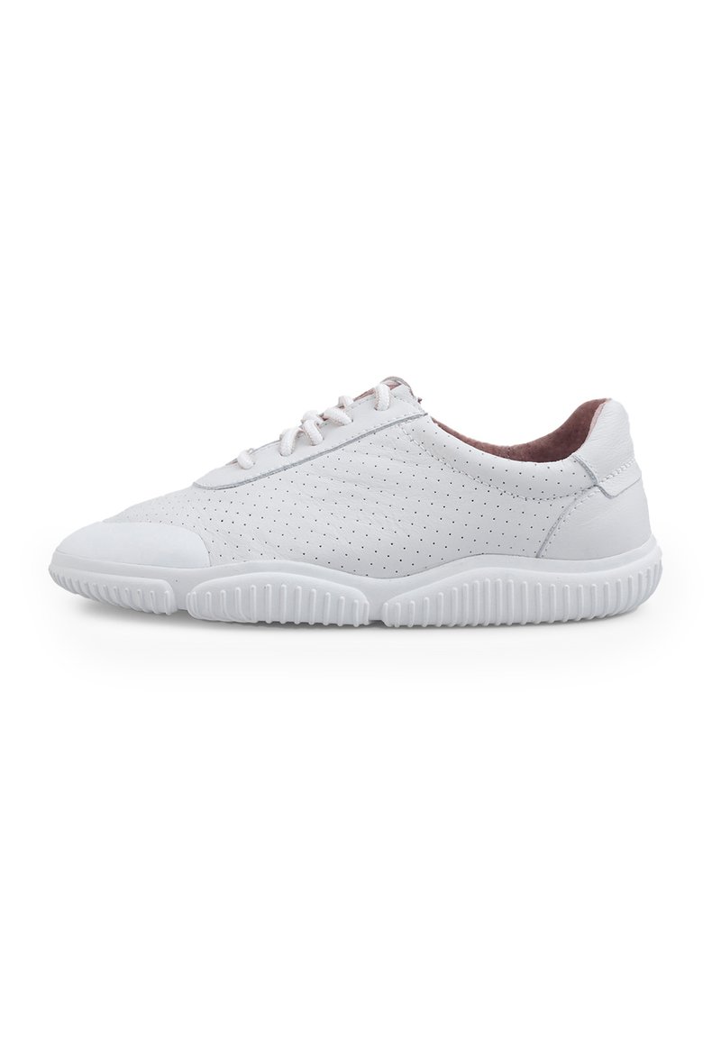 White leather sneaker with perforated design, round toe, and textured rubber outsole. Features flat laces and soft suede lining at the collar.