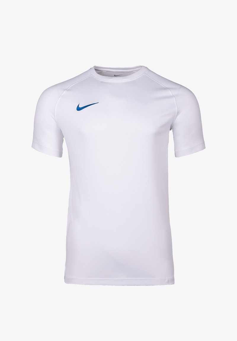 Plain white short-sleeve sports shirt with a round neckline and a small blue Nike logo on the right chest side.