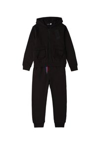 Zwarte hoodie met rits, twee voorzakken en bijpassende broek. Beschikt over elastische boorden en een kleuraccent op het trekkoord.