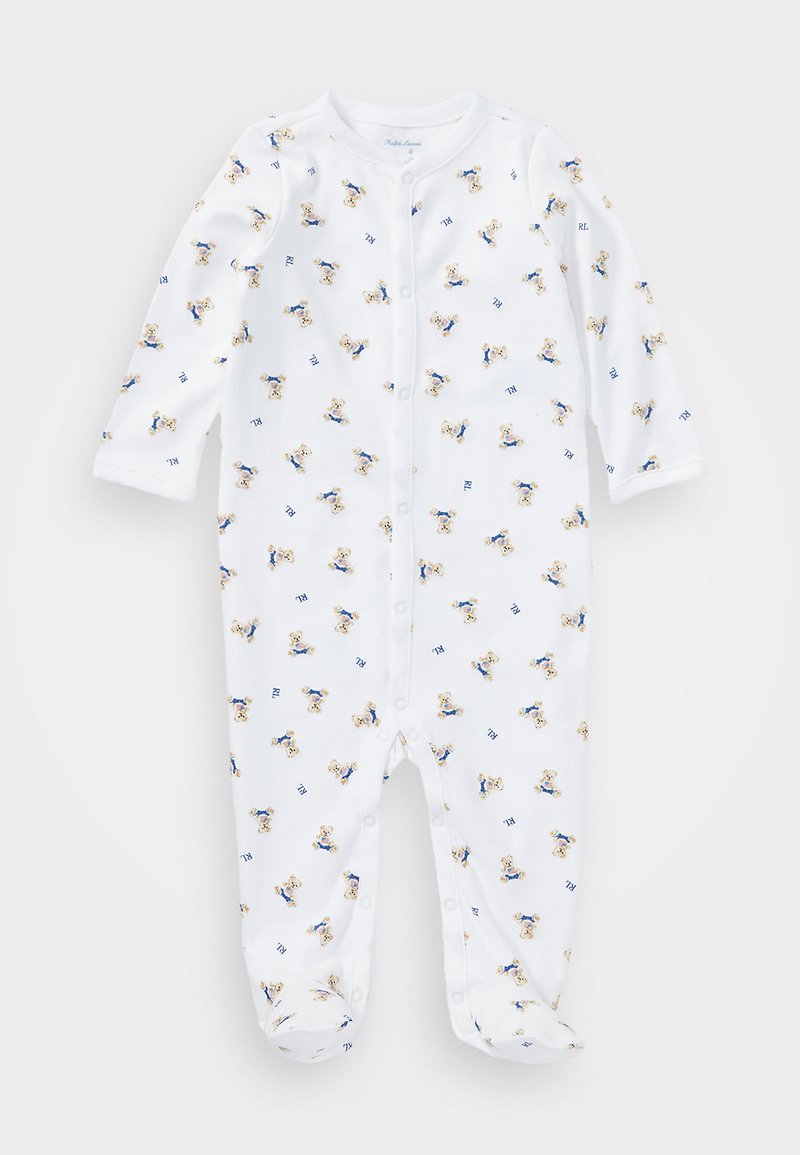 Balts kokvilnas bērnu bodijs ar atkārtotu teddy lāču rakstu zilās drēbēs, garām piedurknēm un uzklikšķināšanas aizdari priekšpusē.