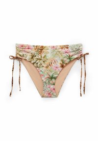 Květinové bikini kalhotky v kombinaci růžové, zelené a béžové barvy. Mají vzorovaný pás a zavazování po stranách.