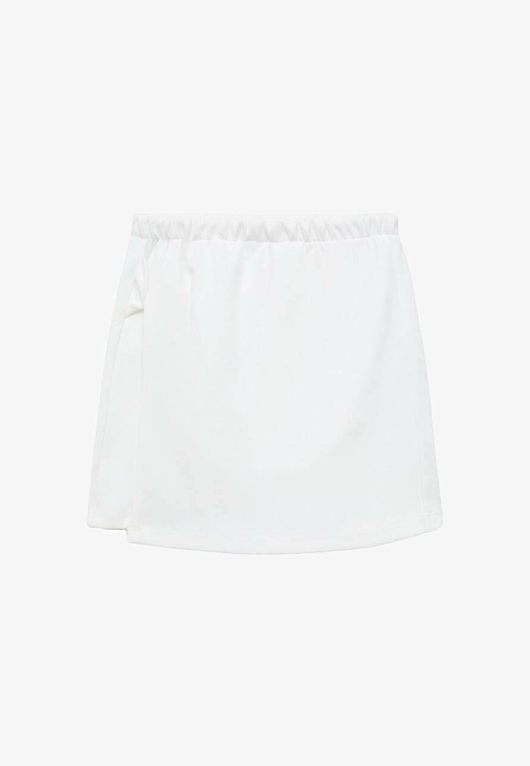 White, stretchy mini skirt with an elastic waistband; features a wrap design and a smooth texture. No patterns or additional accents.