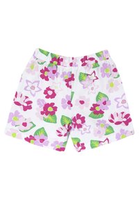 Kraťasy s květinovým potiskem v bílé barvě, s růžovými, fialovými a zelenými květinami a listy. Elastický pas, měkký bavlněný materiál, ležérní design.