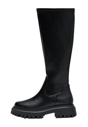 Knöchelhohe schwarze Lederstiefel mit runder Zehenform, elastischen Seitenpaneelen und einer robusten Gummisohle mit einem Profilmuster.