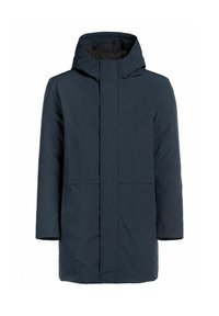 Granatowy, ocieplany parka z kapturem, z zamkiem błyskawicznym z przodu, dwoma dużymi kieszeniami i minimalistycznym wzornictwem. Gładka tekstura i prosty krój.