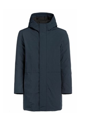 Granatowy, ocieplany parka z kapturem, z zamkiem błyskawicznym z przodu, dwoma dużymi kieszeniami i minimalistycznym wzornictwem. Gładka tekstura i prosty krój.