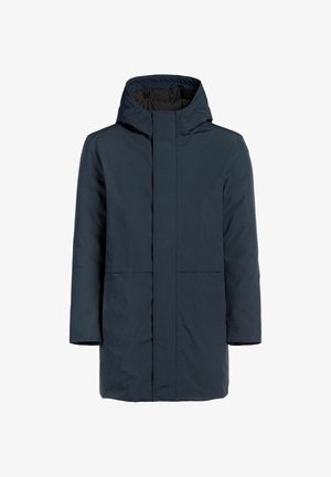 Granatowy, ocieplany parka z kapturem, z zamkiem błyskawicznym z przodu, dwoma dużymi kieszeniami i minimalistycznym wzornictwem. Gładka tekstura i prosty krój.