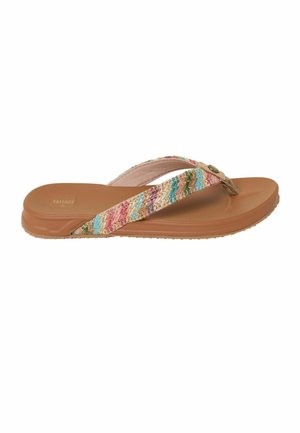 Brown flip-flop sandal with a cushioned sole and woven multicolor fabric straps in shades of pink, blue, green, and beige.