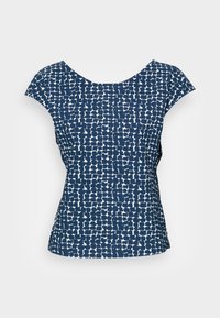 Top blu navy a maniche corte con motivo astratto bianco, scollatura rotonda e vestibilità ampia. Tessuto leggero con una texture liscia.