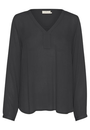 Črna bluzica z dolgimi rokavi, narejena iz lahkotnega blaga, z V-izrezom, ravnim krojem in minimalnimi šivi.
