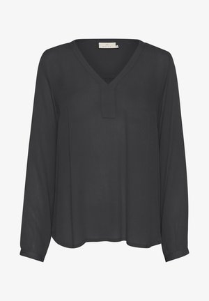Fekete, hosszú ujjú blúz, könnyű anyagból, V-nyakkivágással, egyenes szabással és minimális varrási részletekkel.
