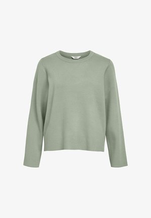 Jasnozielony sweter z długim rękawem typu crewneck, z prostym dołem i prążkowanym dekoltem na białym tle.