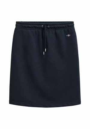 Dunkelblauer Freizeitrock mit elastischem Bund, Kordelzug, Seitentaschen und kleinem besticktem Logo vorne rechts.