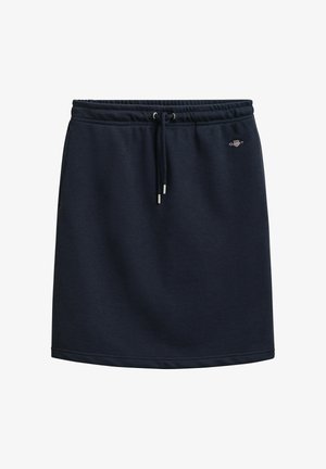 Jupe décontractée bleu marine avec taille élastique, cordon de serrage, poches latérales et petit logo brodé sur l'avant droit.