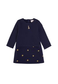 Abito a coste blu navy con maniche lunghe, ricamo di giraffa dorata e motivi di fiori gialli sulla gonna. Chiusura con bottoni sul retro.