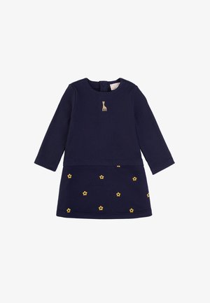 Marineblaues, geripptes Kleid mit langen Ärmeln, goldfarbener Giraffenstickerei und gelben Blumenmustern auf dem Rock. Knopfverschluss am Rücken.