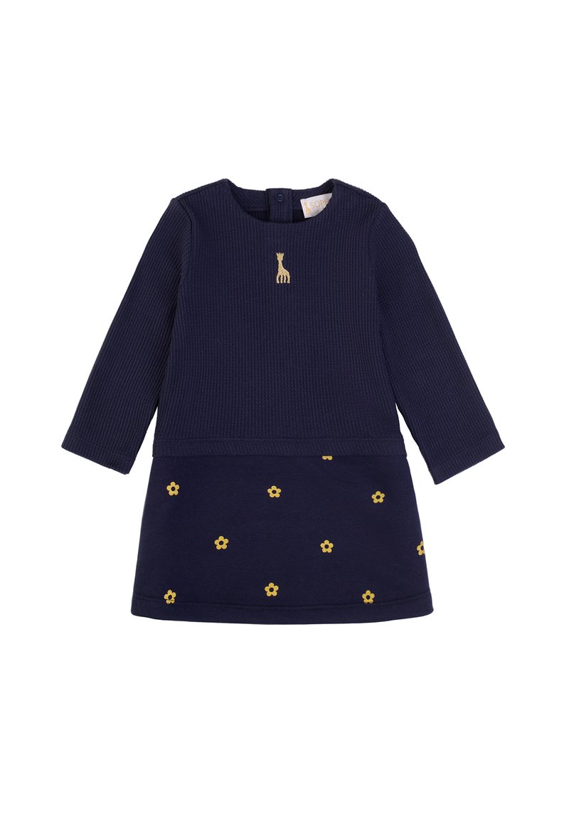 Abito a coste blu navy con maniche lunghe, ricamo di giraffa dorata e motivi di fiori gialli sulla gonna. Chiusura con bottoni sul retro.
