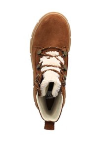 Brown suede ankle boot with faux shearling lining, metal eyelets, and flat laces. Rounded toe and rubber sole for traction.