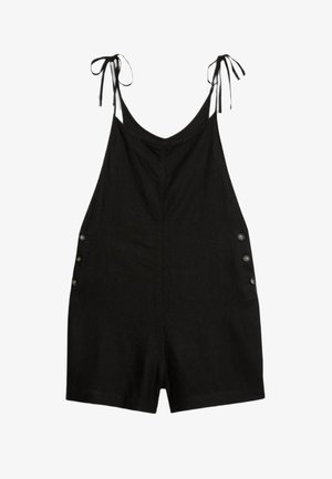 Schwarze Denim-Latzhose mit verstellbaren Trägern an den Schultern, vier dekorativen Knöpfen an den Seiten und einem lockeren Schnitt mit kurzen Beinen.