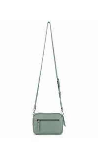 Borsa a tracolla verde menta realizzata in pelle liscia, con tasca frontale con zip, tracolla regolabile e forma rettangolare pulita.