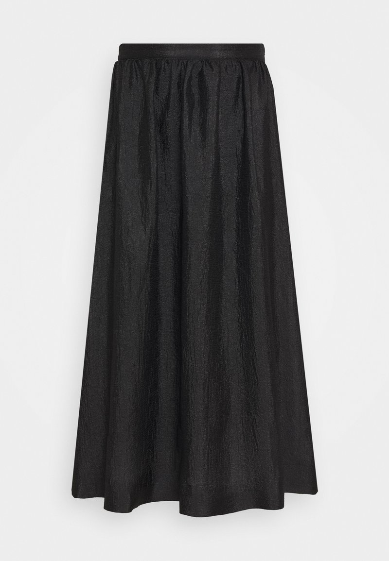 Jupe longue noire avec une texture froissée et une taille élastique, silhouette en A, présentée sur un fond blanc uni.