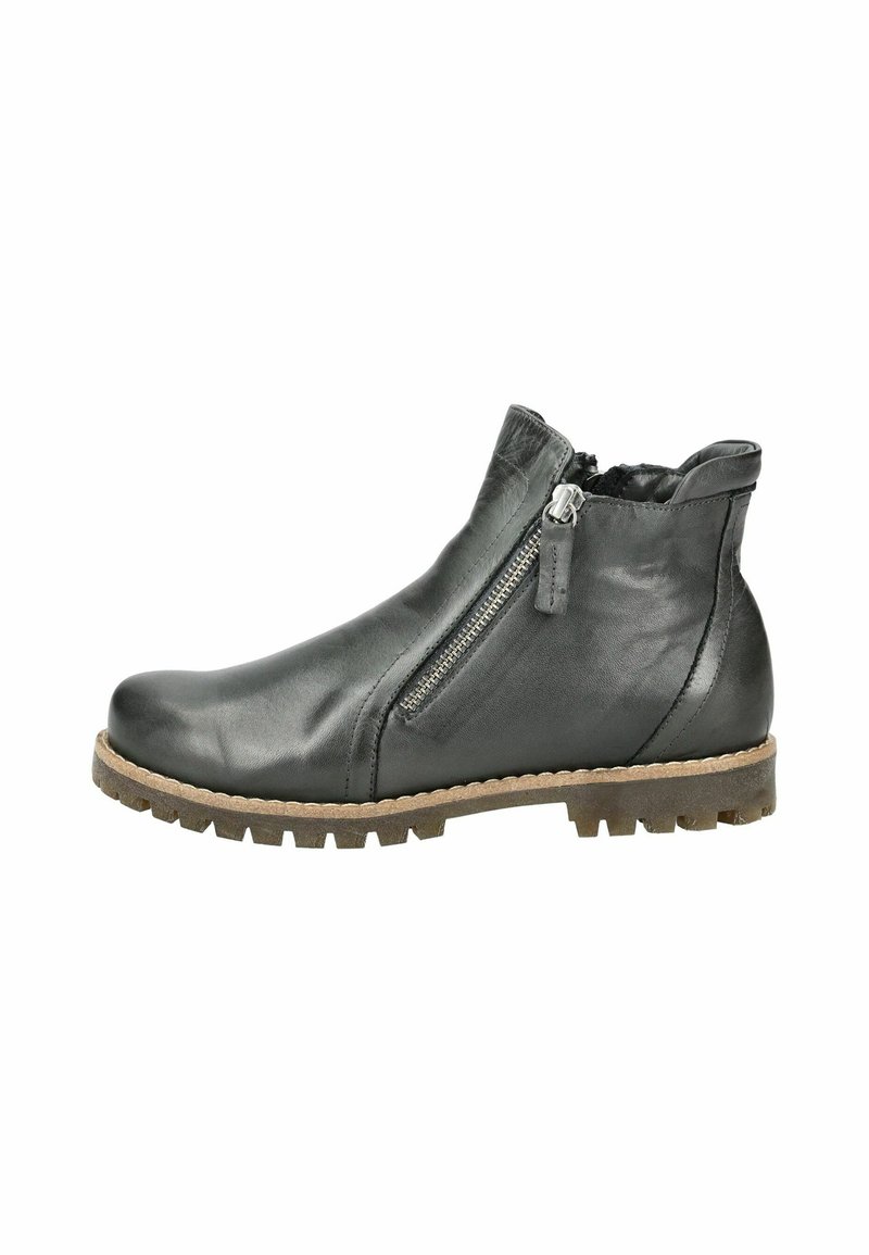 Bottines en cuir noir avec fermeture éclair sur le côté, finition texturée, semelle en caoutchouc et motif de profilé robuste. Un design à la fois élégant et fonctionnel.