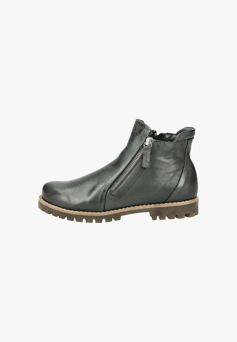 Botas de tobillo de cuero negro con cremallera lateral, acabado texturizado, suela de goma y patrón de trazado robusto. Diseño elegante pero funcional.