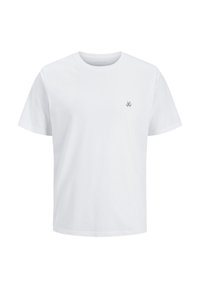 Weißes Baumwoll-T-Shirt mit kurzen Ärmeln und Rundhalsausschnitt. Verfügt über ein kleines schwarzes Logo auf der linken Brust. Glatte Textur und klassischer Schnitt.