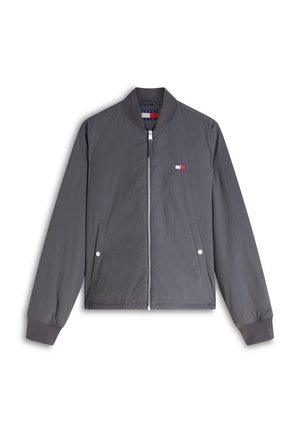 Γκρι μπουφάν bomber με φερμουάρ, ριμπ μανσέτες, γιακάς, δύο εμπρόσθιες τσέπες με κουμπιά και μικρό λογότυπο Tommy Hilfiger στο στήθος.