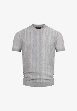 Grå kortærmet pullover med et struktureret ribmønster, der har en rund halsudskæring og elastiske manchetter. Blødt strikket stof.