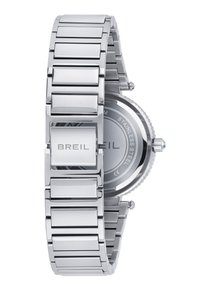 Rustfrit stål ur med et slankt, segmenteret armbåndsdesign. Rund urskive, sølvfarvet med en struktureret bagside. Har en kroneaccent.