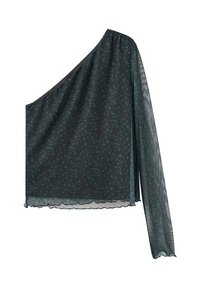Schulterfreie Bluse aus transparentem schwarzem Stoff mit türkisfarbenem Sternmuster, verfügt über einen fließenden langen Ärmel und einen gewellten Saum. Leicht und strukturiert.