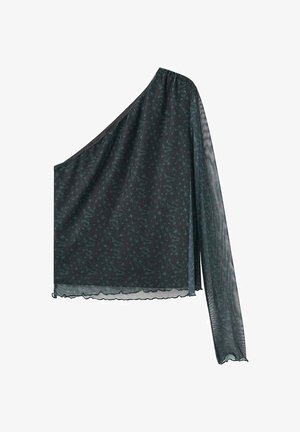 Bluză cu un umăr dintr-un material negru transparent, cu un model de raze de stea turcoaz, are o mânecă lungă fluidă și un tiv zimțat. Ușoară și texturată.