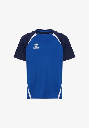 Blaues Sport-T-Shirt mit marineblauen Ärmeln, aus feuchtigkeitsableitendem Material. Mit weißen Akzenten entlang des Halsausschnitts und an den Seiten. Hummel-Logo auf der Vorderseite.