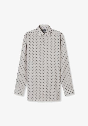 Hellgraues Langarmhemd mit marineblauem Paisley-Muster, durchgeknöpftem Vorderteil und Kragen. Hergestellt aus strukturierter Stoffqualität mit Knopfmanschetten.