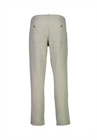 Lichtbeige linnen broek met een rechte snit, twee achterzakken met knoopsluitingen en een subtiele textuur door de stof.