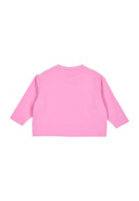 Lyhyt vaaleanpunainen pitkähihaisuus pusero, jossa on pyöreä kaula-aukko ja ribbitekstuuria. Se on toppi-malli ja yksinkertainen muotoilu. Ei näkyviä kuvioita tai yksityiskohtia.