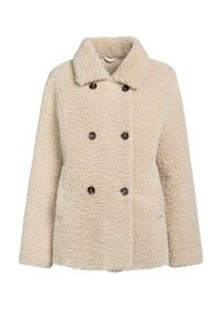 Kremowy, podwójnie zapinany płaszcz teddy z szerokim kołnierzem i ciemnobrązowymi guzikami, wykonany z miękkiego, teksturowanego materiału polarowego.
