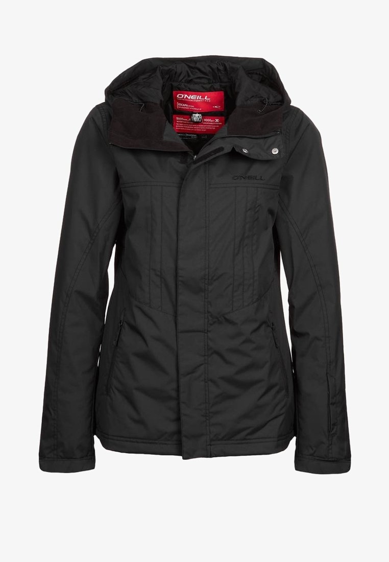 Musta, eristetty takki, jossa on huppu, vetoketjullinen etuosa ja kaksi sivutaskua. Pehmeä sisävuori ja ainutlaatuinen tikattu rakenne.