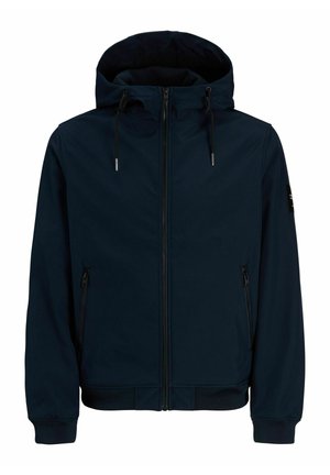 Veste à capuche bleu marine avec fermeture éclair frontale, cordons ajustables sur la capuche, poches latérales zippées, et poignets et ourlet côtelés.