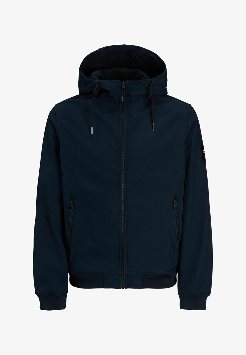 Veste à capuche bleu marine avec fermeture éclair frontale, cordons ajustables sur la capuche, poches latérales zippées, et poignets et ourlet côtelés.