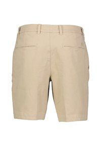 Beiga bomullsshorts med en platt frontdesign, två bakfickor och en lätt strukturerad yta. Minimal varumärkesdetalj på midjebandet.
