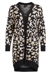Cardigan lavorato a maglia con sfondo nero e stampa animale beige chiaro e bianca, apertura frontale e maniche lunghe con polsini a coste.