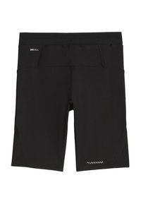 Sorte atletiske shorts lavet af fugttransporterende stof med en tætsiddende design. Har et logo og diskrete reflekterende accenter.