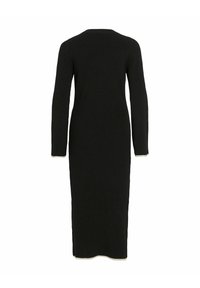 Černé pletené šaty s dlouhými rukávy, rovného střihu a kulatým výstřihem. Má krémově zbarvené lemování na manžetách a spodním lemu.
