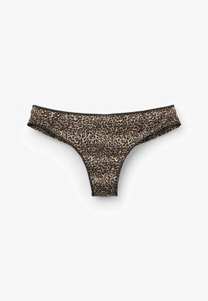 String bikini taille basse pour femmes avec un motif léopard brun et noir sur fond blanc.