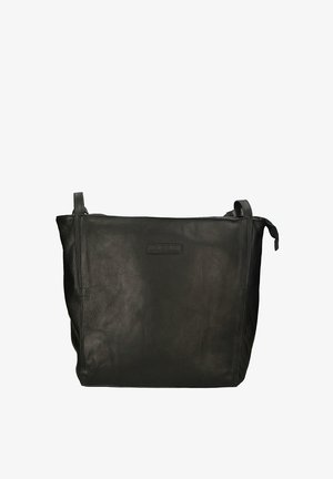 Zwarte lederen schoudertas met een rechthoekige vorm, één hoofdvak en twee smalle hengsels aan elke zijde.