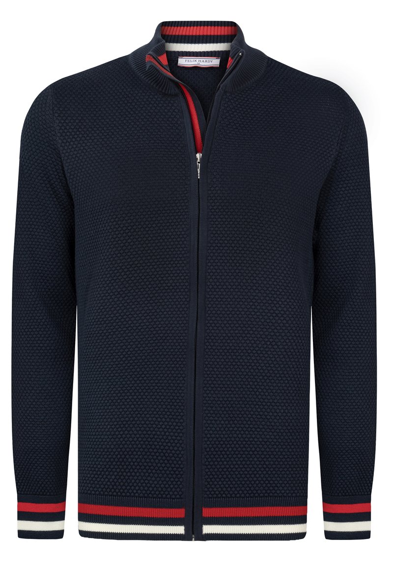 Marineblauer Zip-Cardigan aus strukturiertem Strickstoff. Mit Stehkragen und roten, weißen und blauen gestreiften Akzenten an den Bündchen und dem Saum.