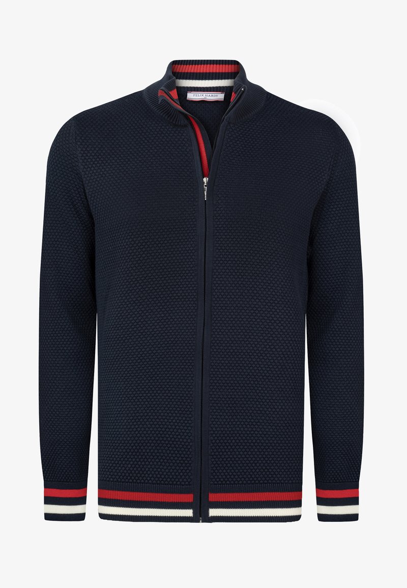 Marineblauer Zip-Cardigan aus strukturiertem Strickstoff. Mit Stehkragen und roten, weißen und blauen gestreiften Akzenten an den Bündchen und dem Saum.