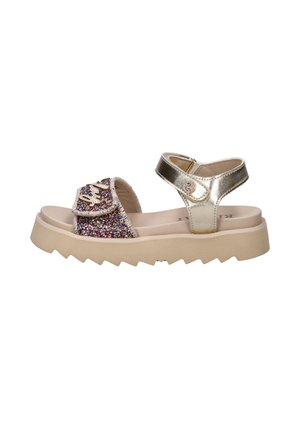 Child’s sandal with beige chunky sole, glittery multicolor front strap with “love” text, and metallic gold ankle strap with Velcro closure.